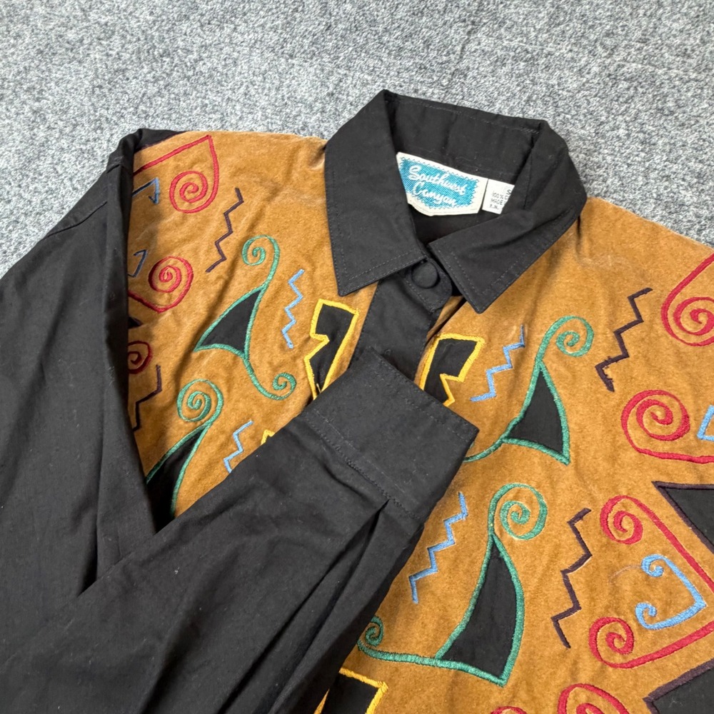 Southwest Canyon Womens Small Black‎ Embroidered Western Button Up Shirt Cotton